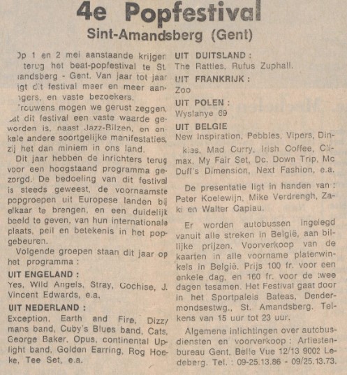 Golden Earring show announcement Burgerwelzijn newspaper SintAmandsberg (Belgium) May 01 or May 02 1971