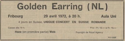 Golden Earring show announcement April 29, 1972 Fribourg - Aula L'universite de Fribourg