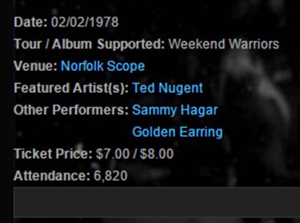 theconcertdatabase_com show info for Ted Nugent with Golden Earring and Sammy Hagar show ad February 02, 1978 Norfolk - The Scope
