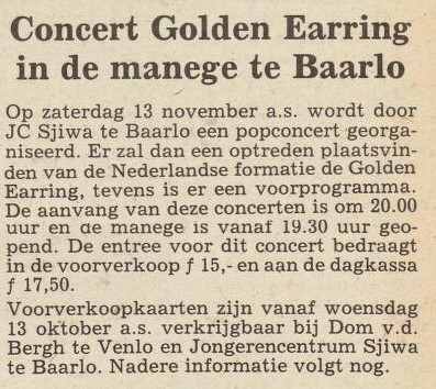 Golden Earring newspaper show announcement Baarlo - Manege