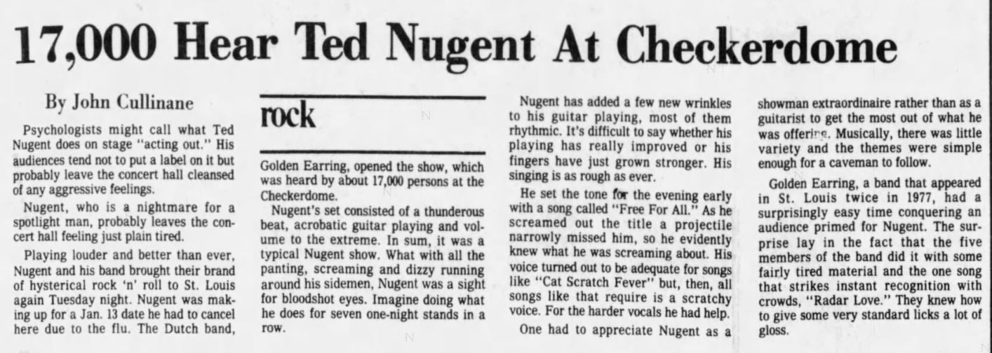 Ted Nugent with GE show review St. Louis Checkerdome January 24, 1978