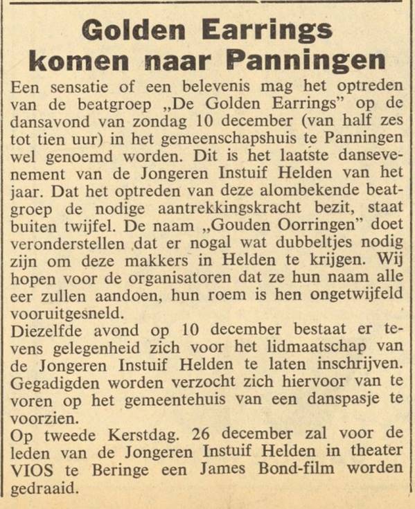 Golden Earrings show newspaper article December 10 1967 Leeuwarden - Lange Marktstraat 38