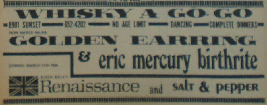 Small concert ad in LA Free Press March 01 1970 Golden Earring with Eric Mercury Birthrite