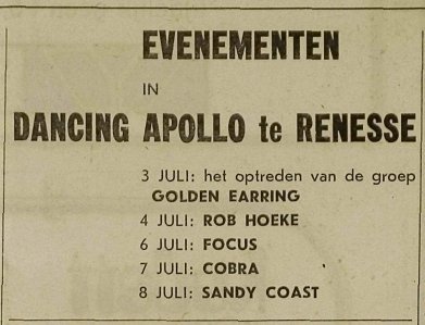Golden Earring ZierikzeescheNieuwsbode newspaper show announcement June 30 1972 Renesse - Dancing Apollo