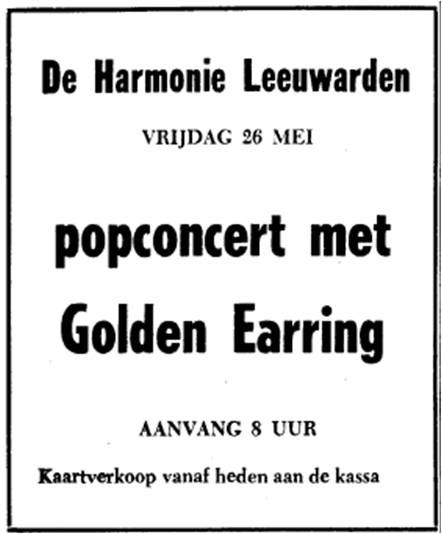 Golden Earring show announcement May 26 1972 Leeuwarden - De Harmonie