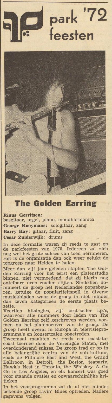 Golden Earring Op den Baum newspaper show announcement July 29 1972 Helden - Parkfeesten