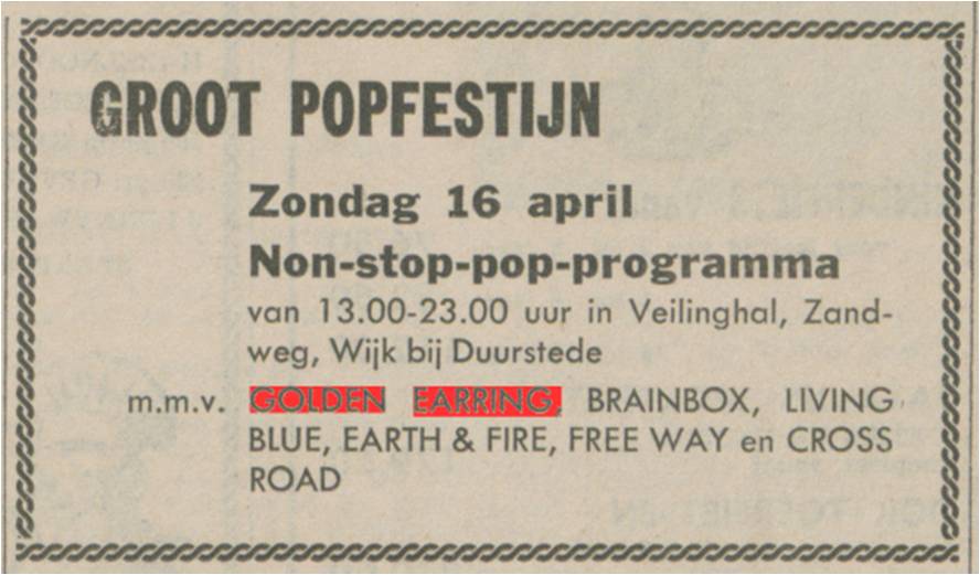Golden Earring show promotion Wijk bij Duurstede - Veilinghal April 16 1972