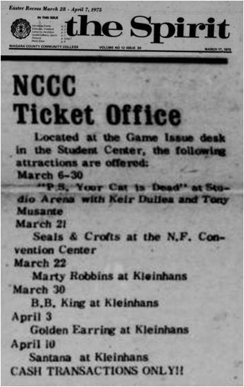 Golden Earring show announcement The Spirit newspaper March 28, 1975