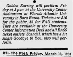 Golden Earring show announcement March 18, 1983 Boca Raton - Florida Atlantic University Auditorium