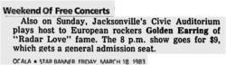 Golden Earring show announcement March 20, 1983 Jacksonville - Civic Auditorium