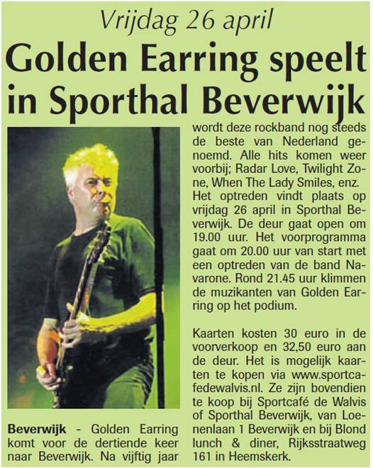Golden Earring Beverwijk April 26, 2013 show announcement