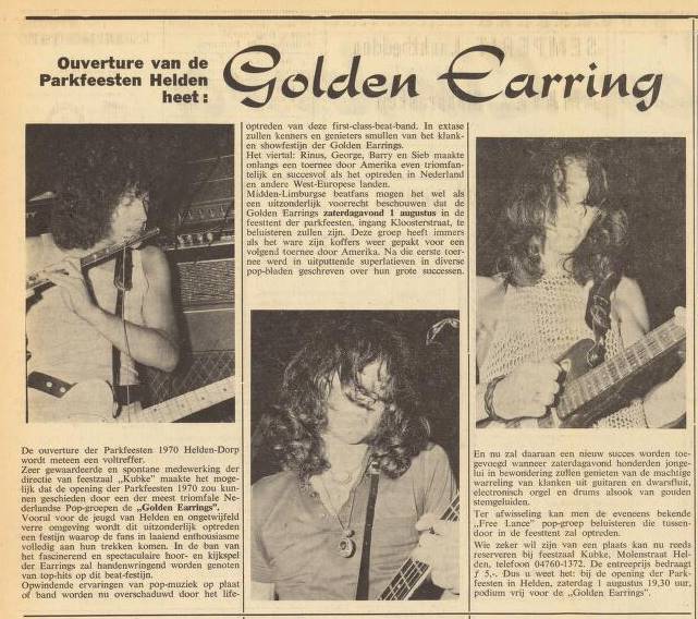 Nieuwsblad Midden-Limburg July 24 1970 article Ouverture van de Parkfeesten Helden heet: Golden Earring