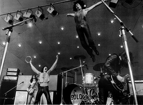 The famous leap over his drum kit by Cesar Zuiderwijk