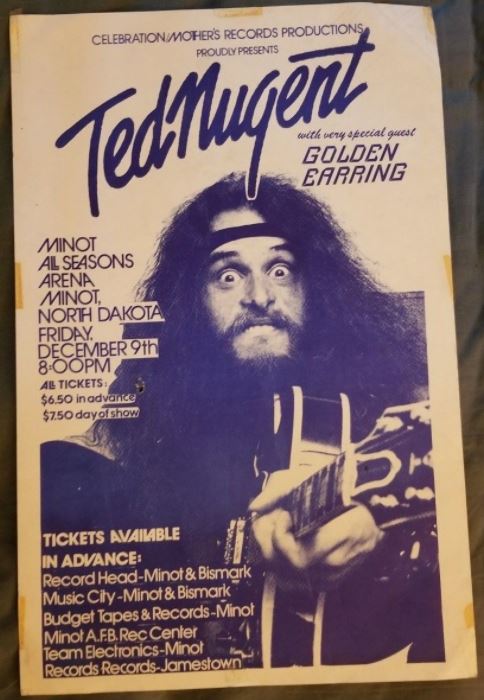 Ted Nugent \ Golden Earring show poster for December 09 1978 Minot USA show.